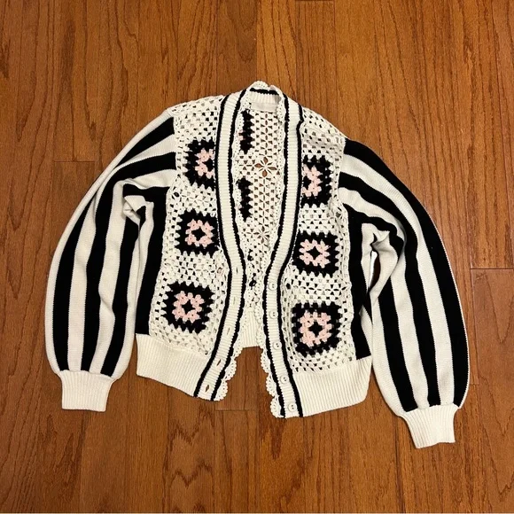 Anne Fontaine Black and Cream Crochet Cardigan Black White Pink Knit Size M